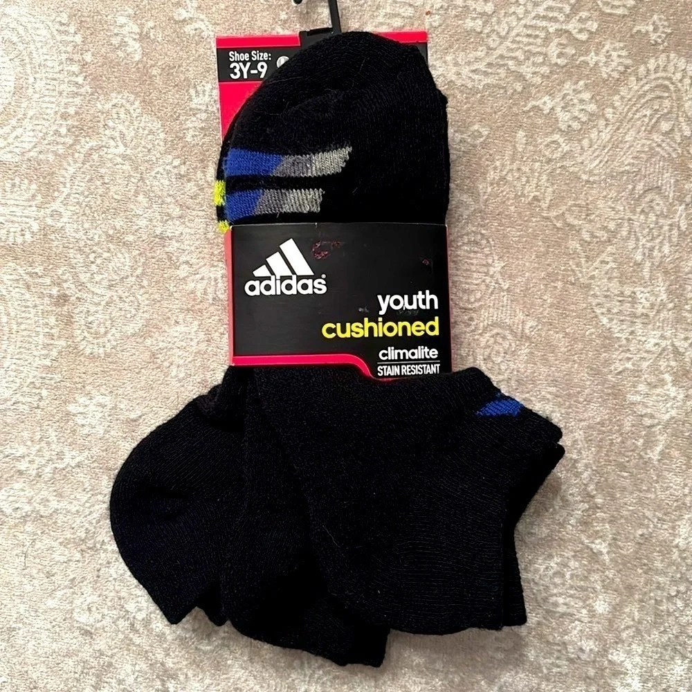 Brand New Adidas 3-Pack Youth Cushioned Climalite No Show Black Socks